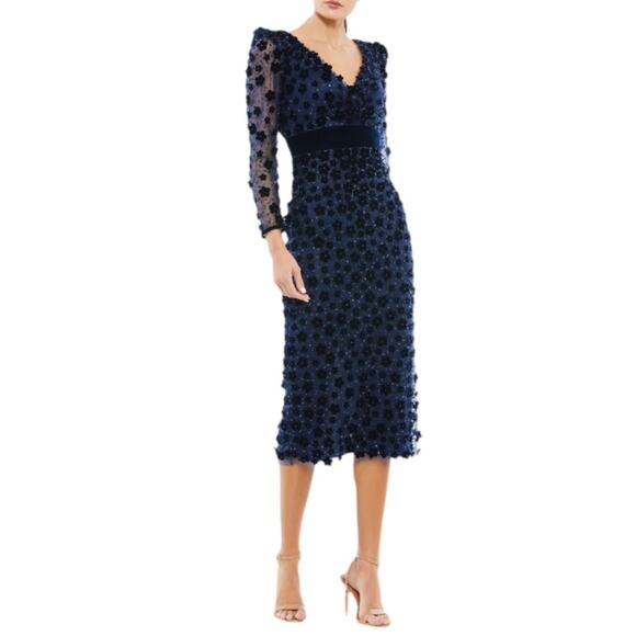Mac Duggal Navy Embellished V Neck Illusion Long Sleeve Column Midi Dress Sz 20 - Picture 1 of 11